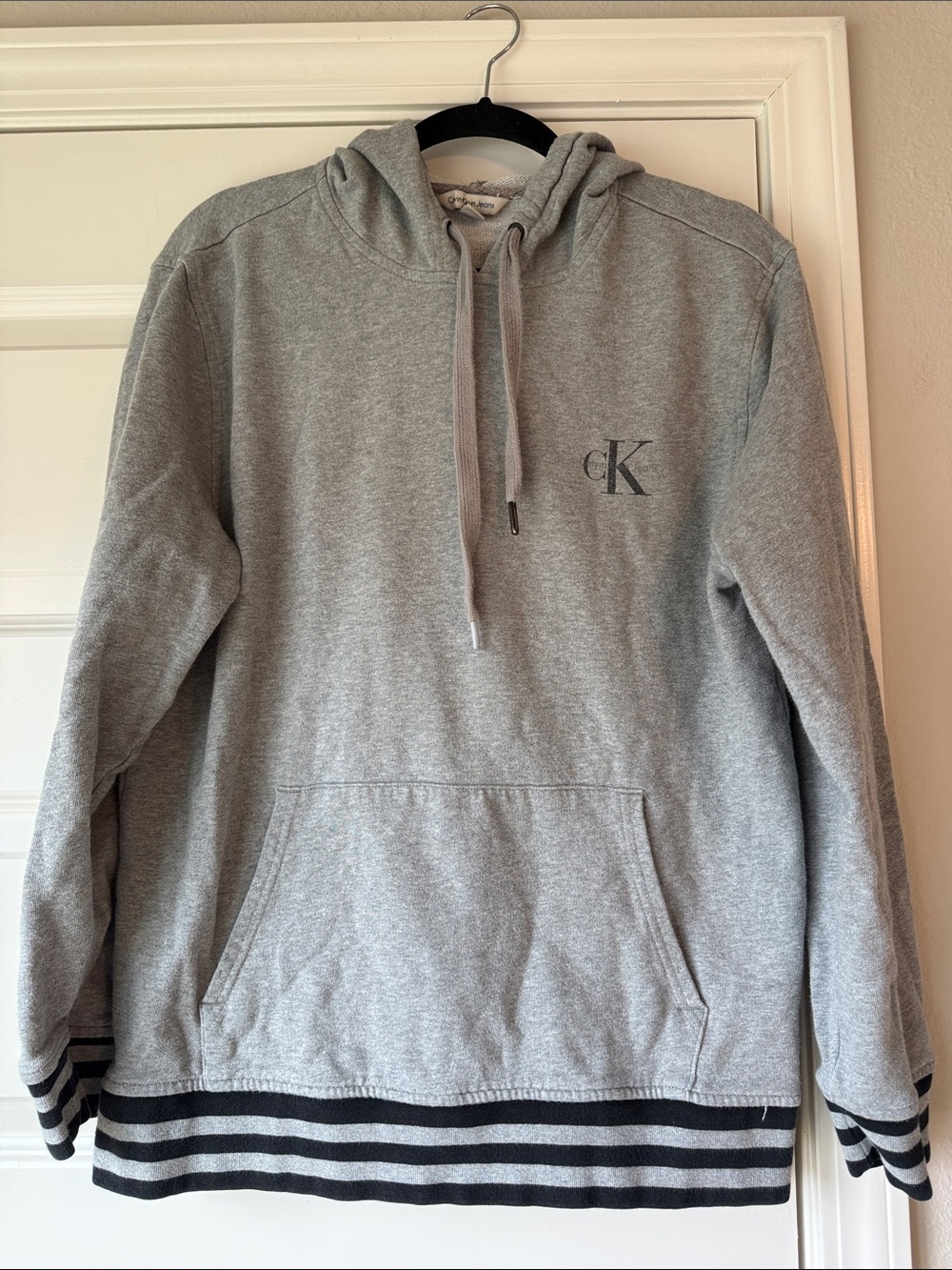Calvin Klein Light Gray Pullover Hoodie with Striped Hem